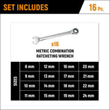 GearWrench 9416 16-Pc 72-Tooth 12-Point Ratcheting Combination Wrench Set — Metric
