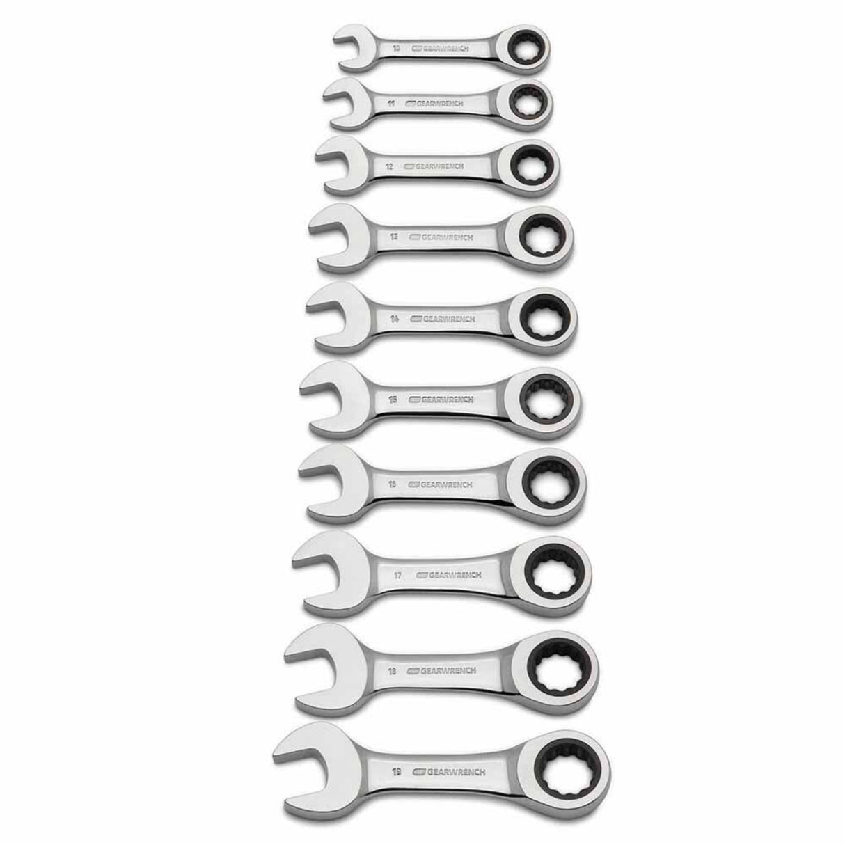 GearWrench 9520D 10-Pc 72-Tooth 12-Point Stubby Ratcheting Wrench Set — Metric 10-19mm