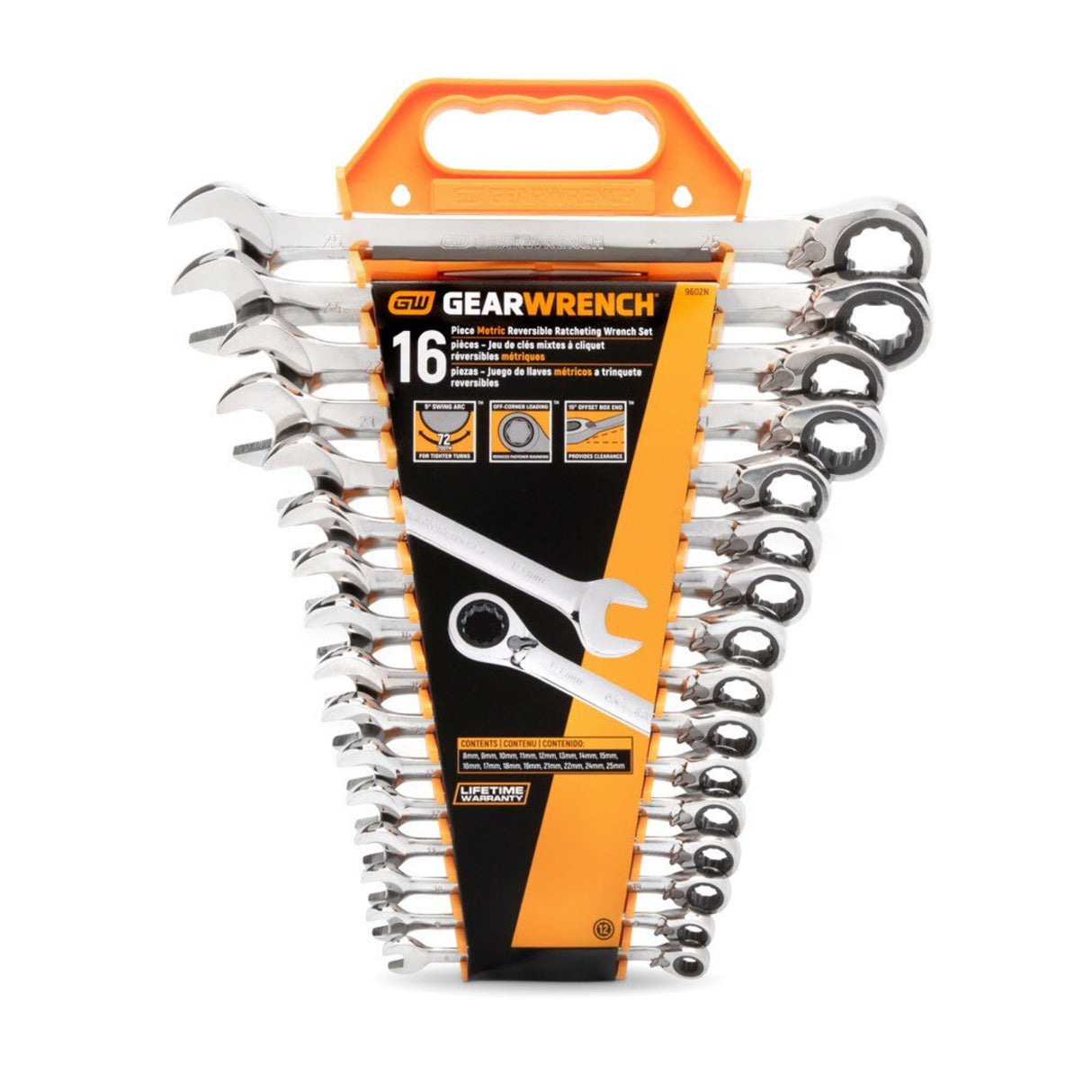 GearWrench 9602N 16-Pc 72-Tooth 12-Point Reversible Ratcheting Wrench Set — Metric