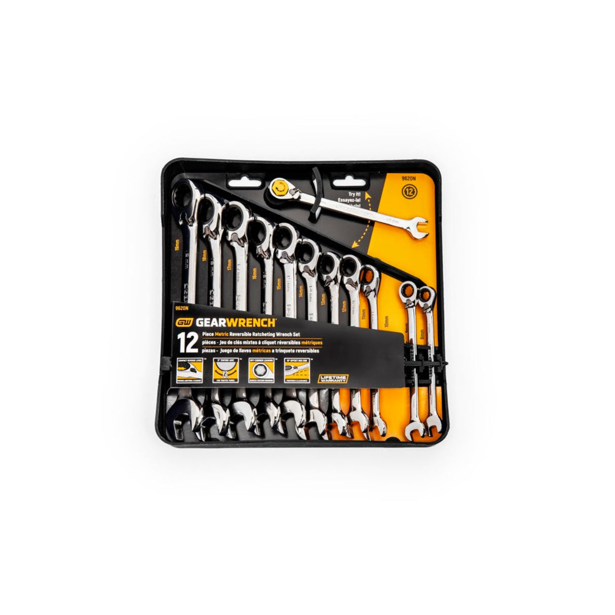 GearWrench 9620N 12-Pc 72-Tooth 12-Point Reversible Ratcheting Wrench Set — Metric 8-19mm