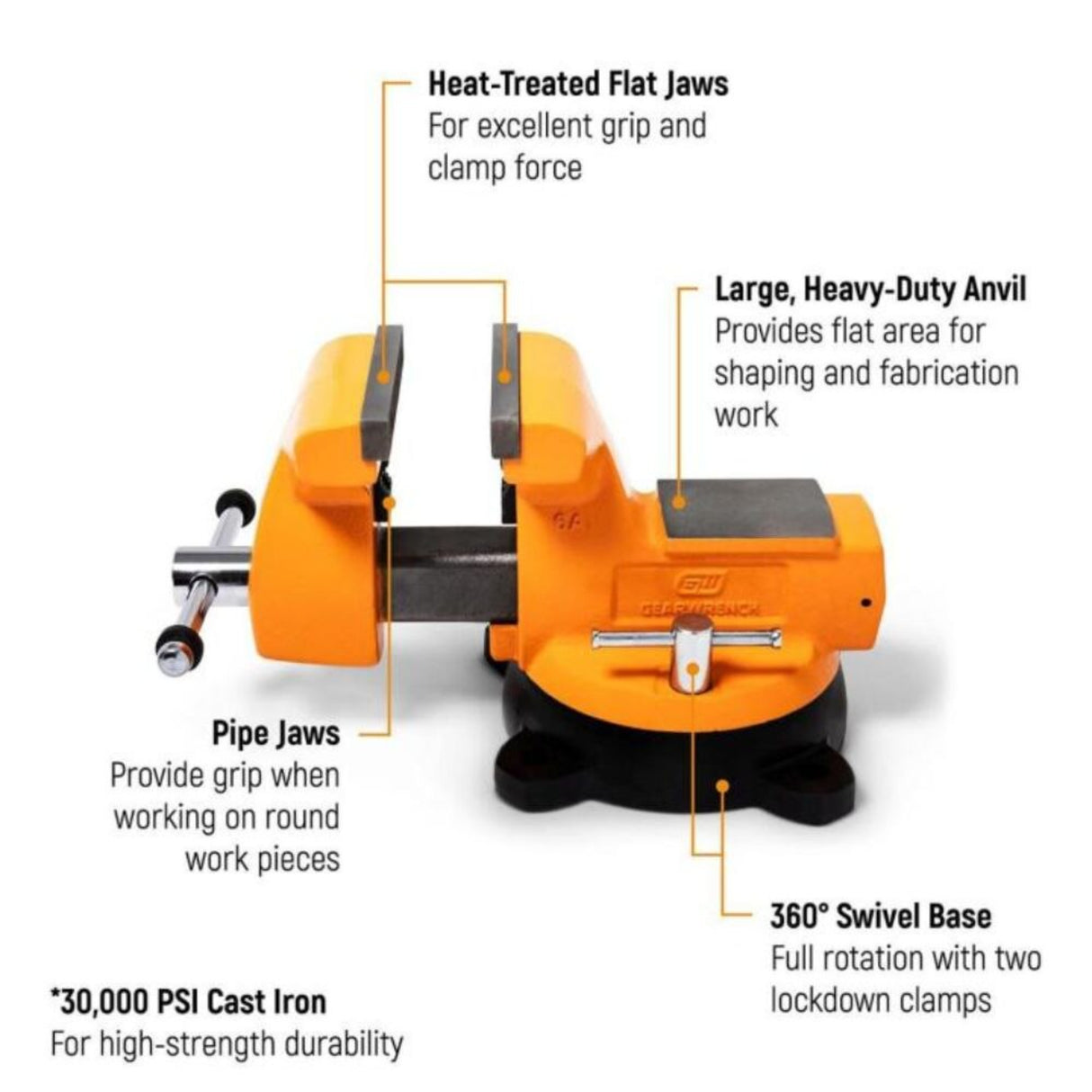 GearWrench GWBVA6 6" Mechanic's Bench Vise with Anvil — 360° Swivel Base