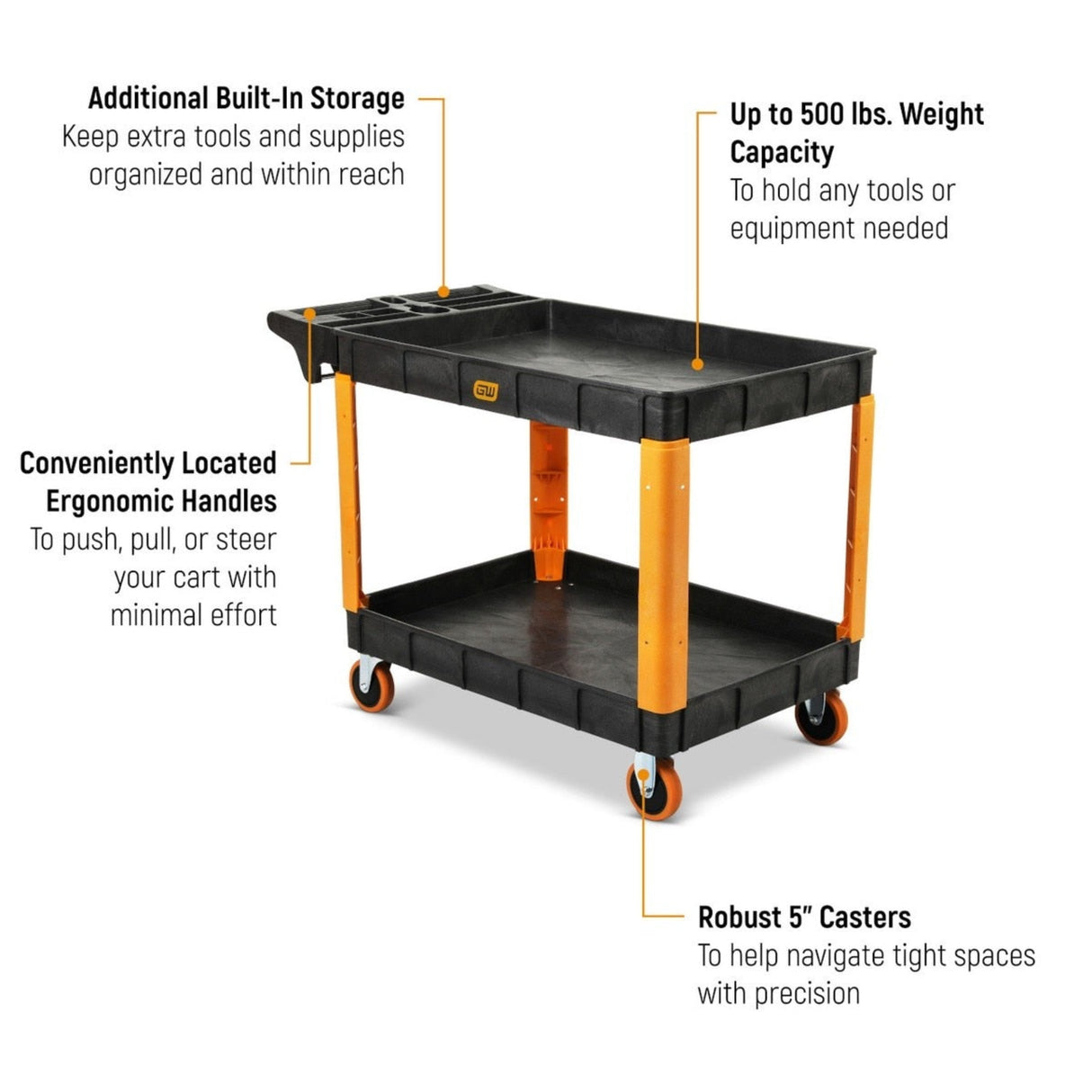 GearWrench GWPSCM 46" 2-Shelf Plastic Utility Cart — 500 lb Capacity, Locking Casters