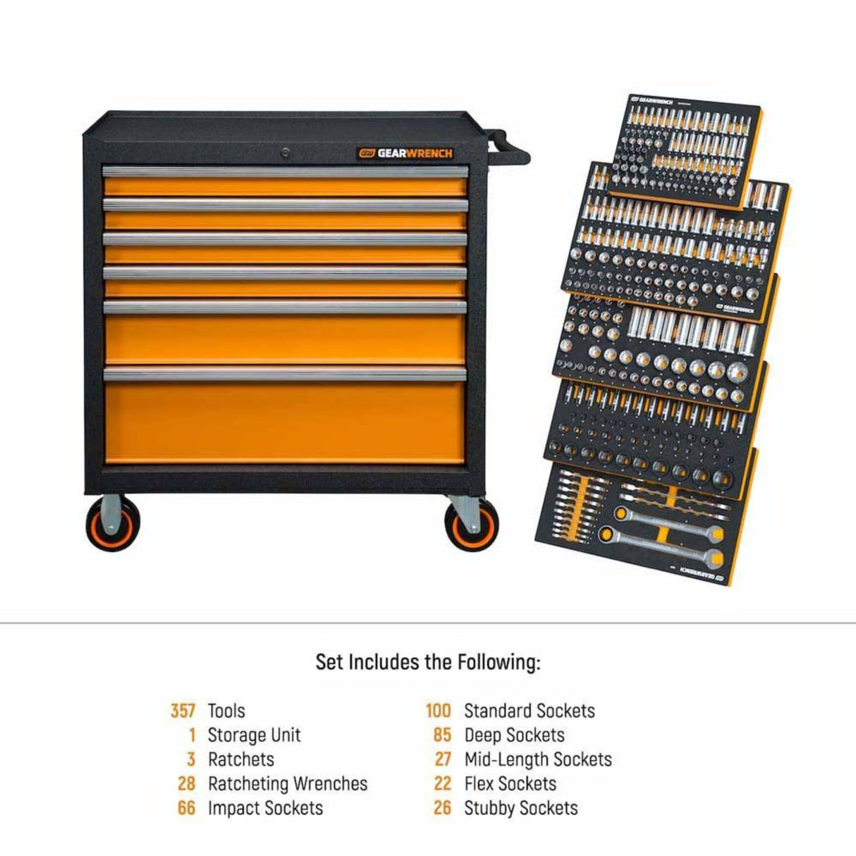 GearWrench MEGAMOD358 358-Pc Metric Mechanics Tool Set — 36" 6-Drawer Cabinet, Foam Trays
