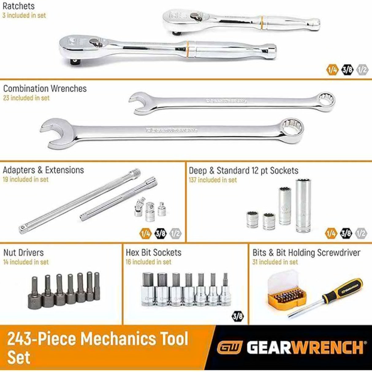 GearWrench 80966 243-Pc 6-Point Mechanics Tool Set — SAE & Metric, 3-Drawer Storage Box