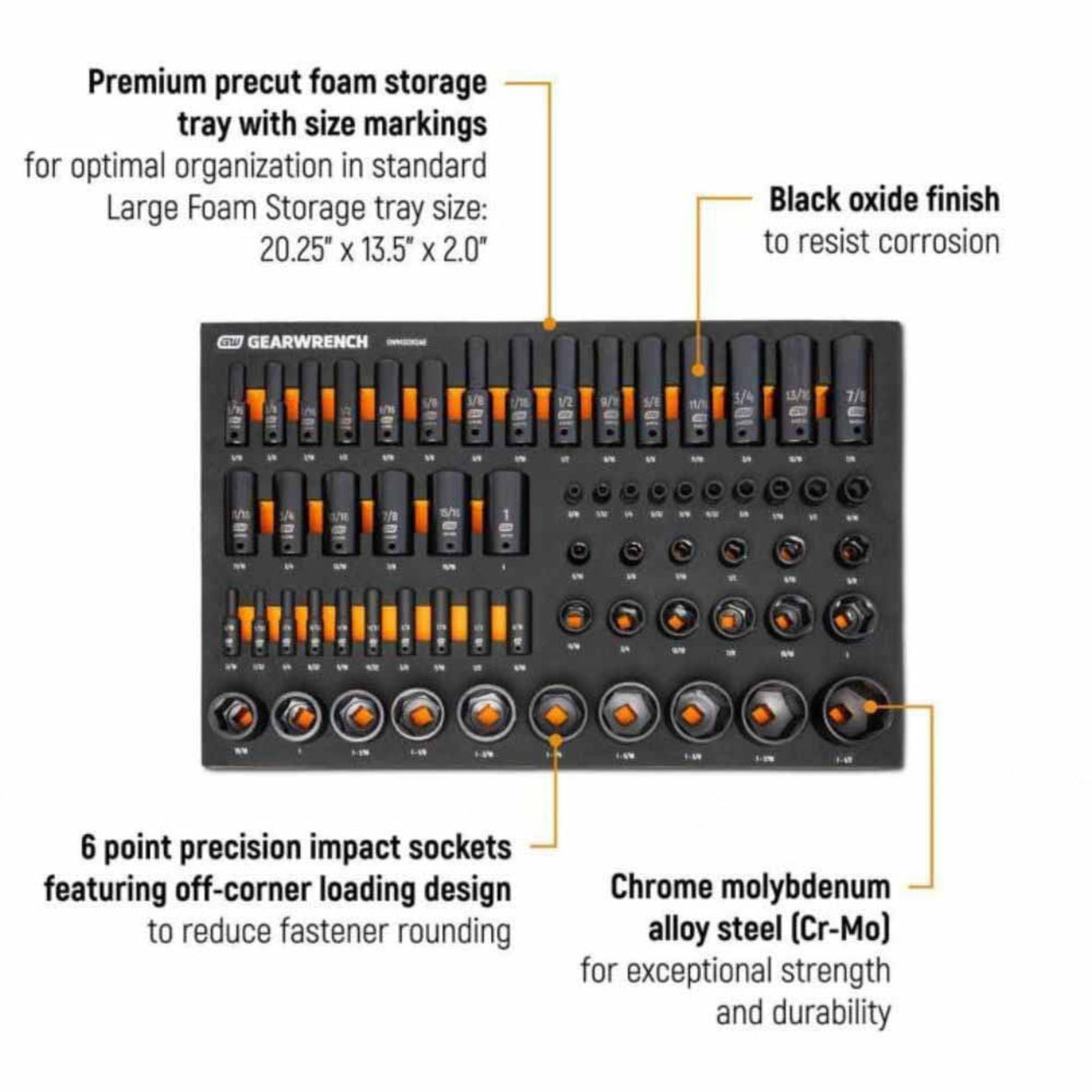 GearWrench GWMSISKSAE 63-Pc 6-Point SAE Impact Socket Set — 1/4", 3/8", 1/2" Drive, Foam Tray