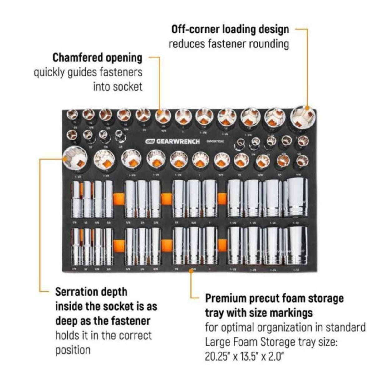 GearWrench GWMSSKT12SAE 60-Pc 1/2" Drive Master SAE Socket Set — 6 & 12 Point, Foam Tray