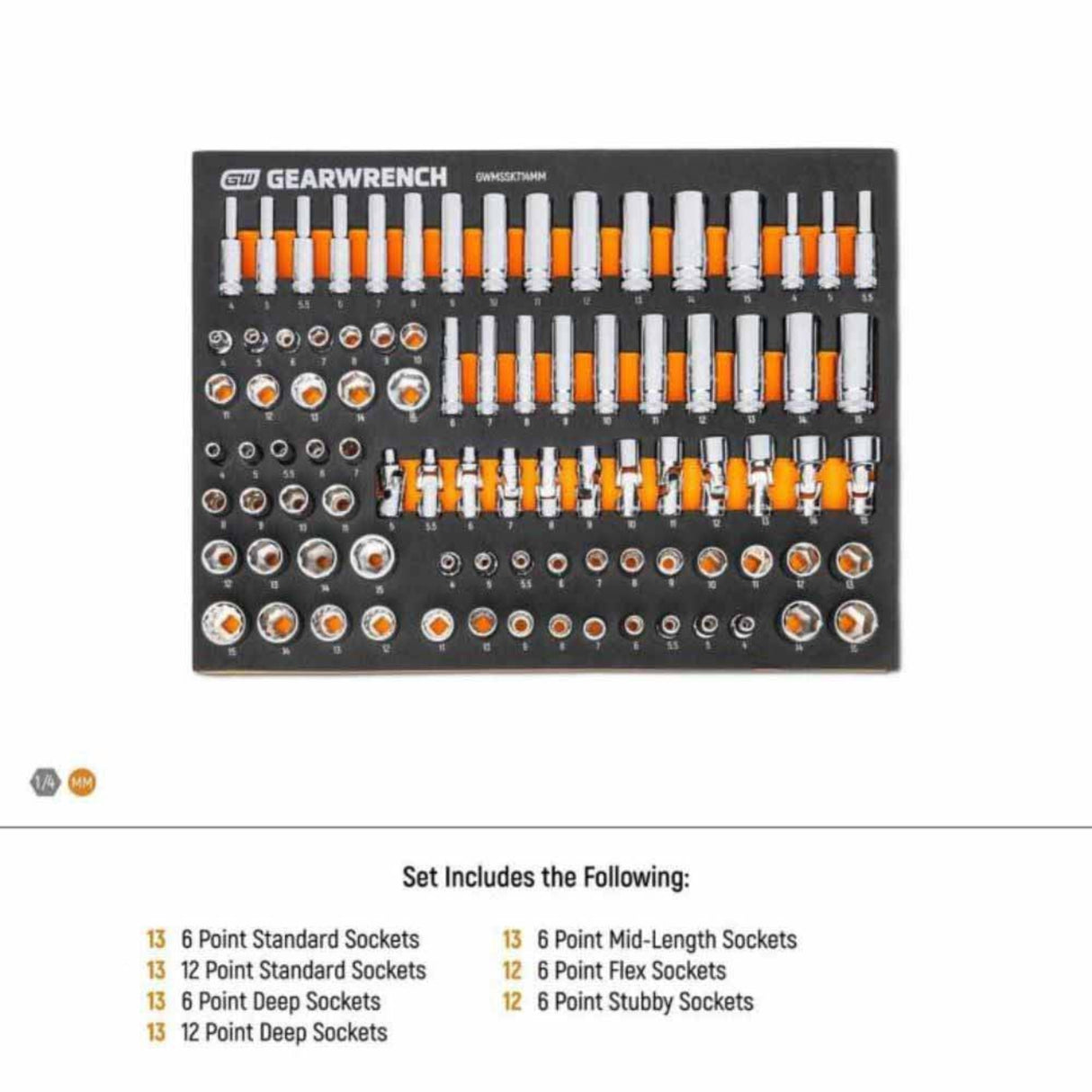 GearWrench GWMSSKT14MM 89-Pc 1/4" Drive Master Metric Socket Set — 6 & 12 Point, Foam Tray