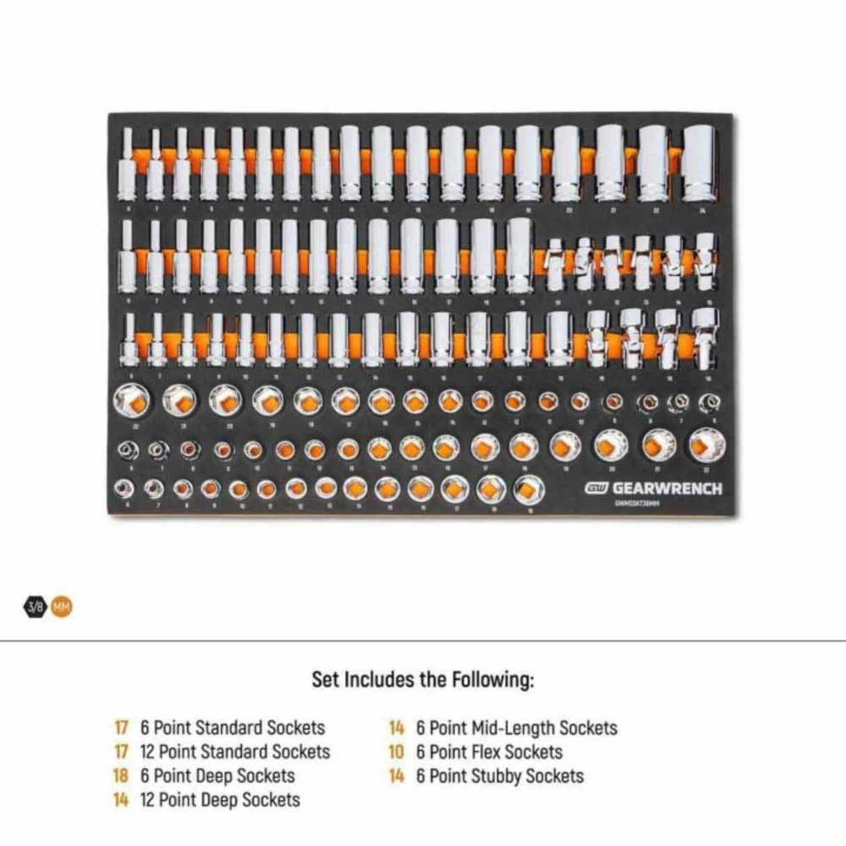 GearWrench GWMSSKT38MM 104-Pc 3/8" Drive Master Metric Socket Set — 6 & 12 Point, Foam Tray