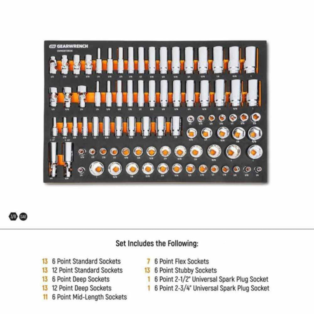 GearWrench GWMSSKT38SAE 85-Pc 3/8" Drive Master SAE Socket Set — 6 & 12 Point, Foam Tray