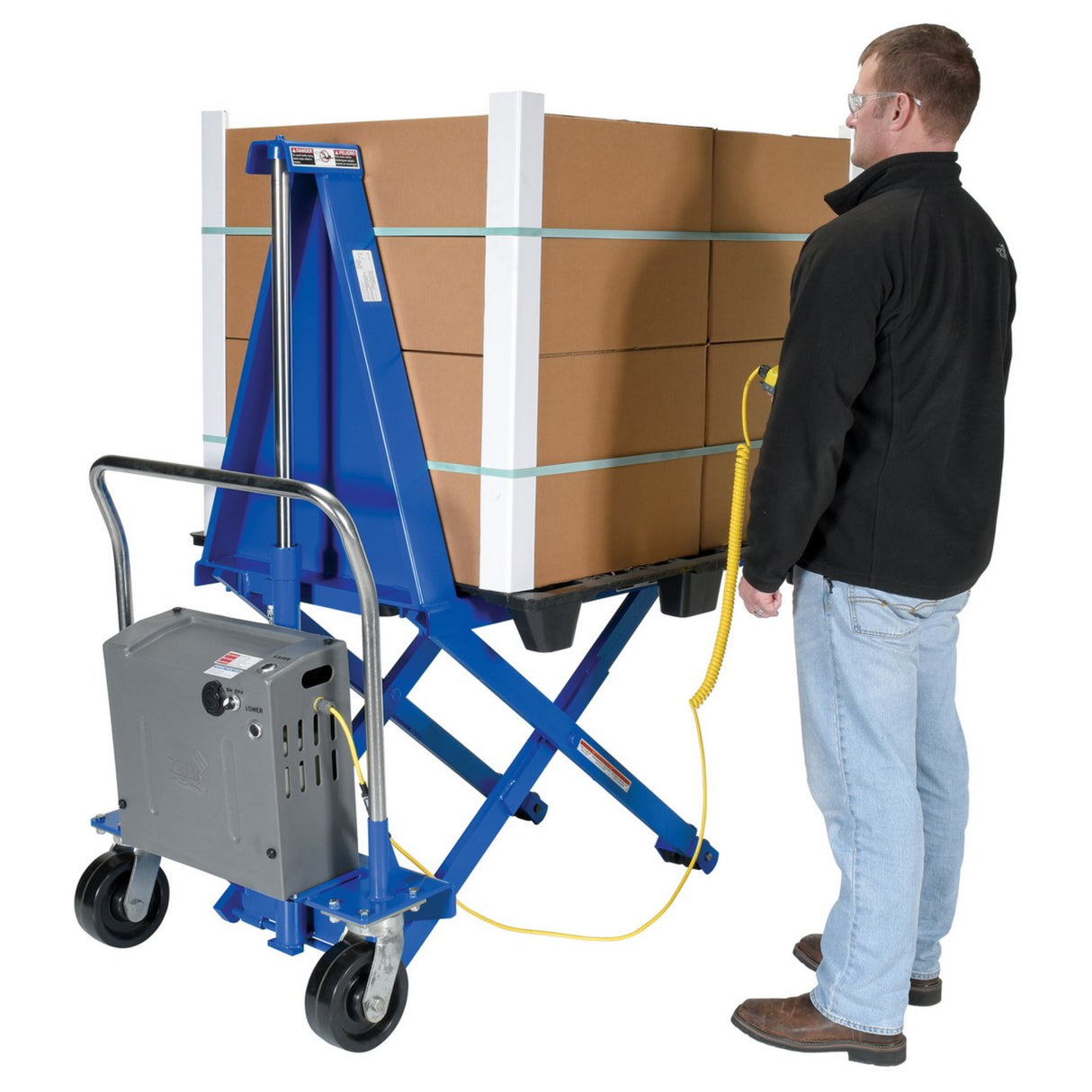Vestil HIPM High Rise Lift Truck — Powered Ergonomic Skid Lifter, 2,500 lb Capacity