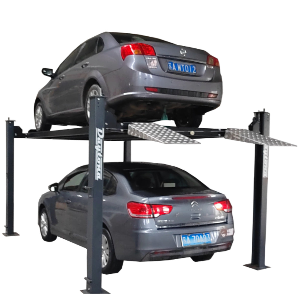 Daytona LFPP9 9,000 lb 4-Post Parking Lift – Home & Commercial Vehicle Storage Lift with Aluminum Ramps, 120V