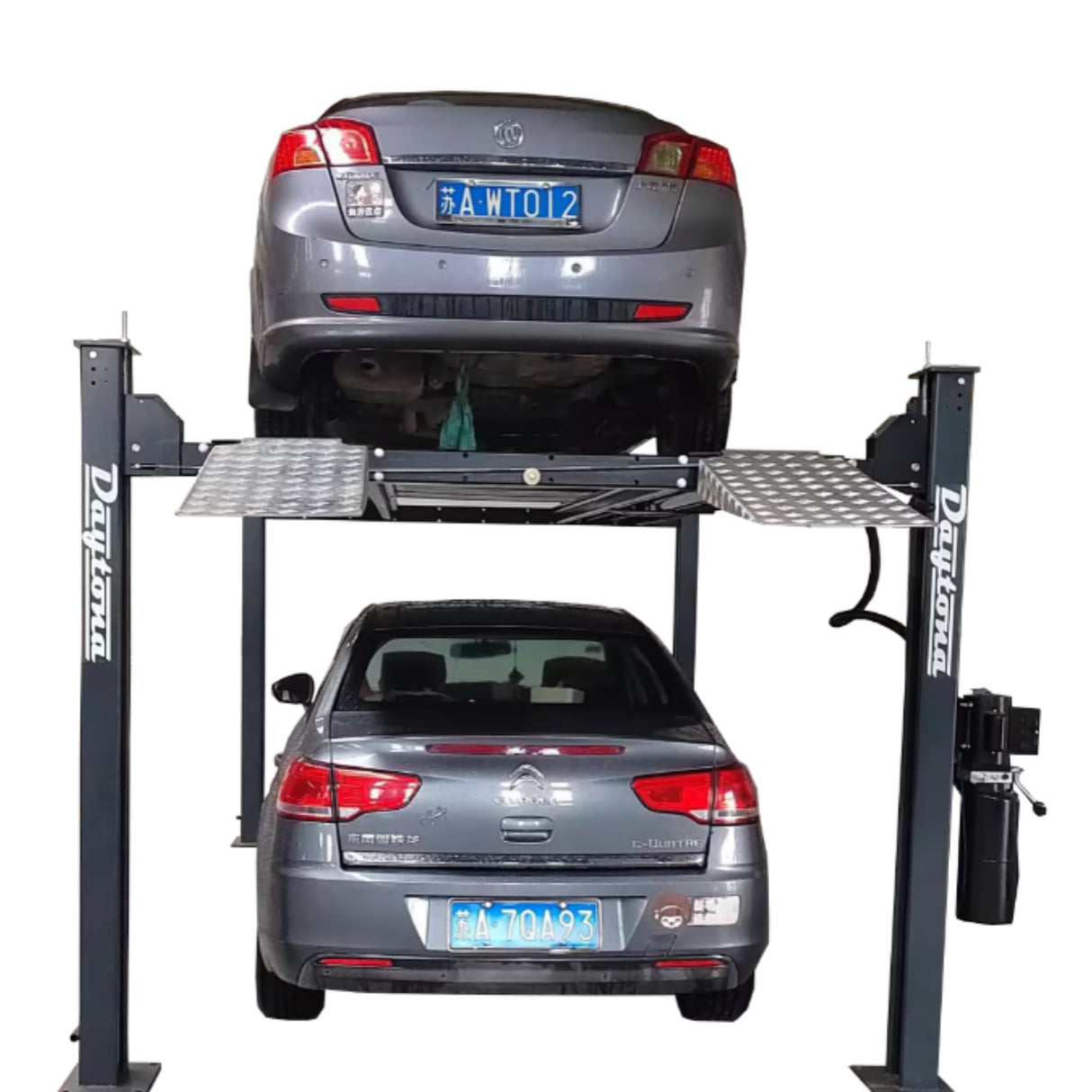 Daytona LFPP9 9,000 lb 4-Post Parking Lift – Home & Commercial Vehicle Storage Lift with Aluminum Ramps, 120V