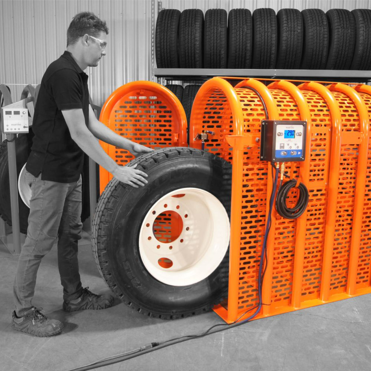 Martins Industries 6-Bar HD Tire Inflation Cage Kit with Inflator (MIC-6HD-KIT) – OSHA-Compliant Truck & Bus Tire Cage with Automatic Flatematic Inflator & Roller Kit, up to 47″ OD