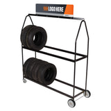 Martins Industries Deluxe Mobile Tire Display Rack (MTD-72) – 2-Tier Rolling Tire Display, Holds up to 16 Tires, 23″–32″ OD, Custom Logo Header
