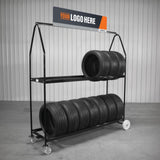 Martins Industries Deluxe Mobile Tire Display Rack (MTD-72) – 2-Tier Rolling Tire Display, Holds up to 16 Tires, 23″–32″ OD, Custom Logo Header