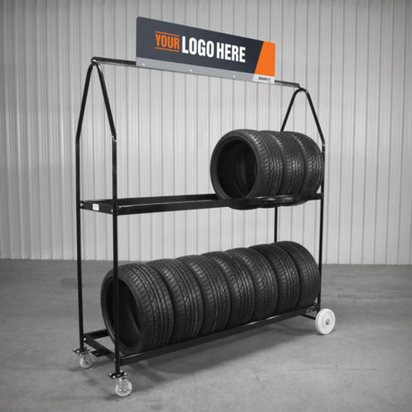 Martins Industries Deluxe Mobile Tire Display Rack (MTD-72) – 2-Tier Rolling Tire Display, Holds up to 16 Tires, 23″–32″ OD, Custom Logo Header