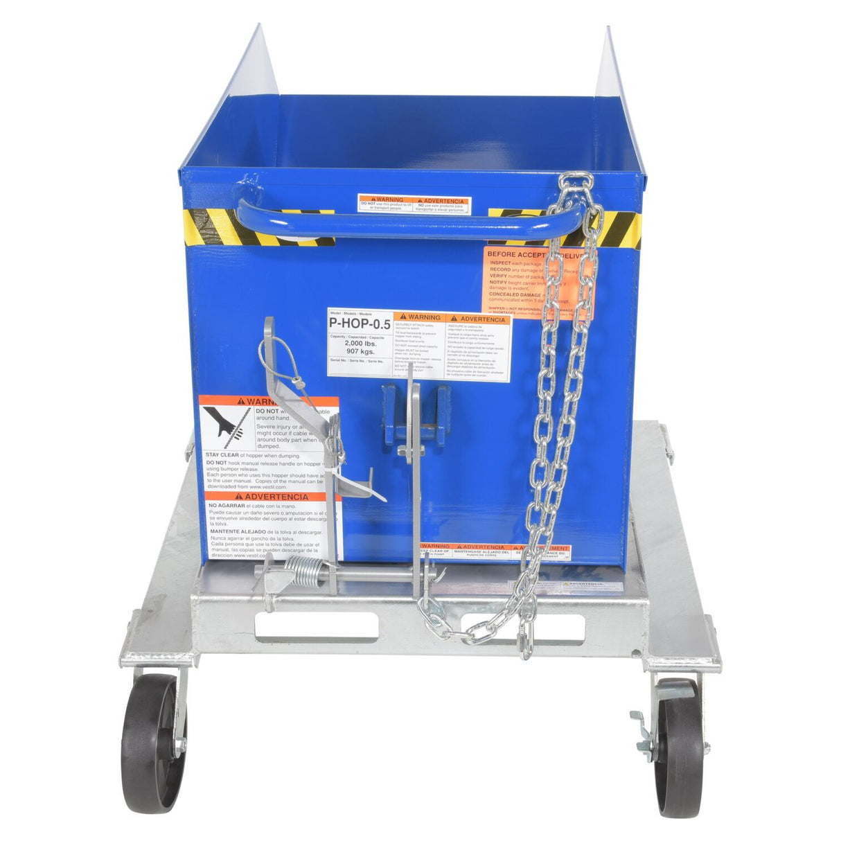 Vestil P-HOP Portable Steel Hoppers | Mobile Self-Dumping Hopper with Foot-Locking Casters, 2,000 lb, 0.5–1.5 Cubic Yard, 8 Colors