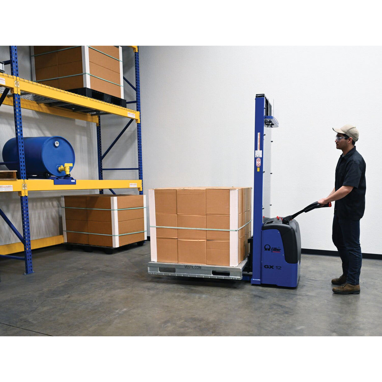 Vestil PMC-S Pramac Self-Propelled Electric Stacker | 2,500 lb Capacity, 137" Lift, Fixed Forks, 12V Powered Drive & Lift