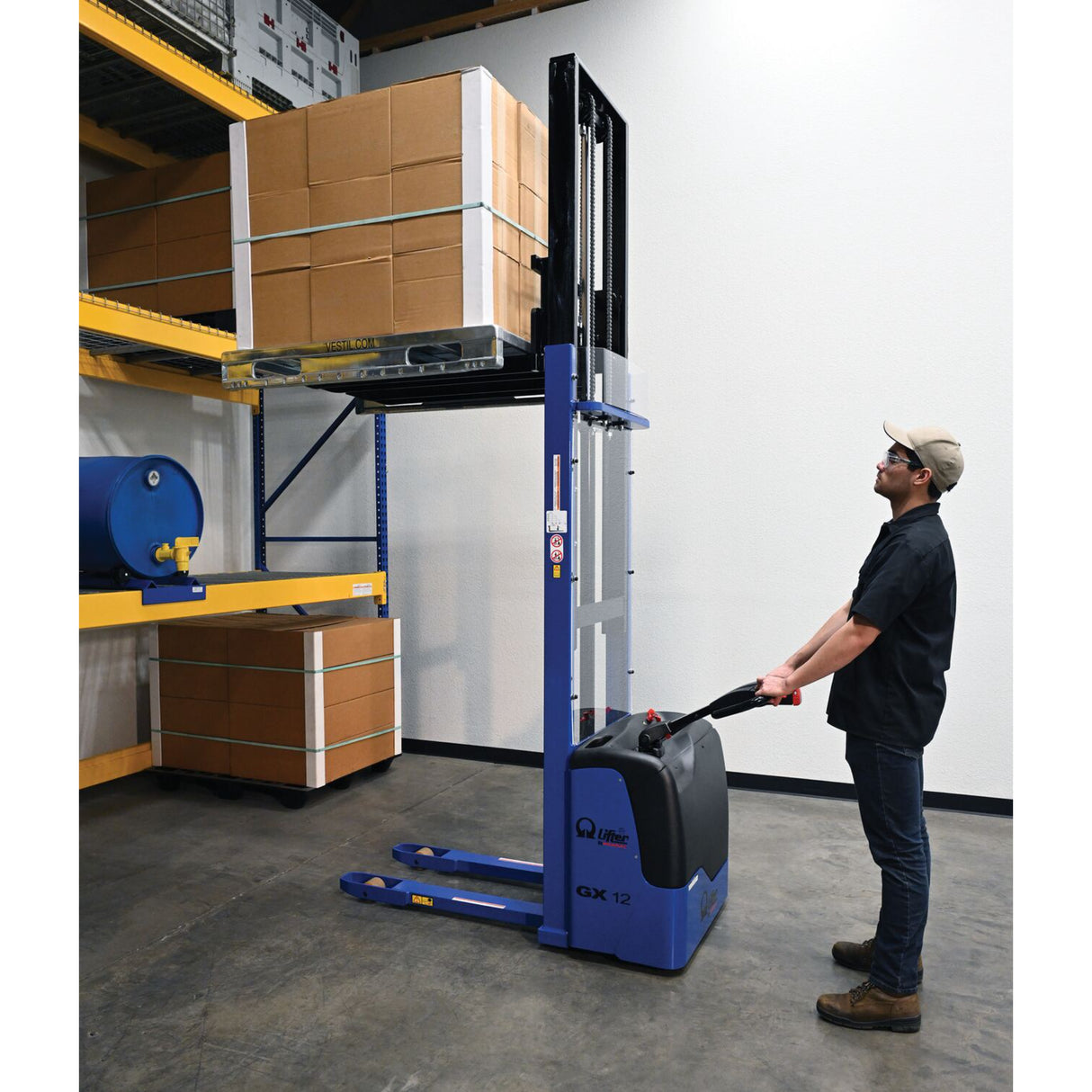 Vestil PMC-S Pramac Self-Propelled Electric Stacker | 2,500 lb Capacity, 137" Lift, Fixed Forks, 12V Powered Drive & Lift