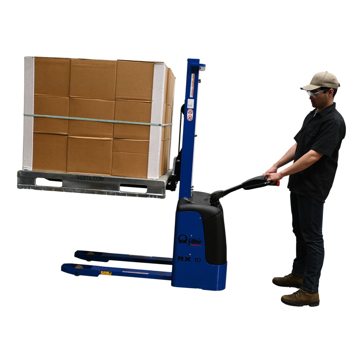 Vestil PMC-SNM Pramac Narrow Mast Self-Propelled Electric Stacker | 2,200 lb Capacity, 62" Lift, Fixed Forks, 12V Powered Drive & Lift