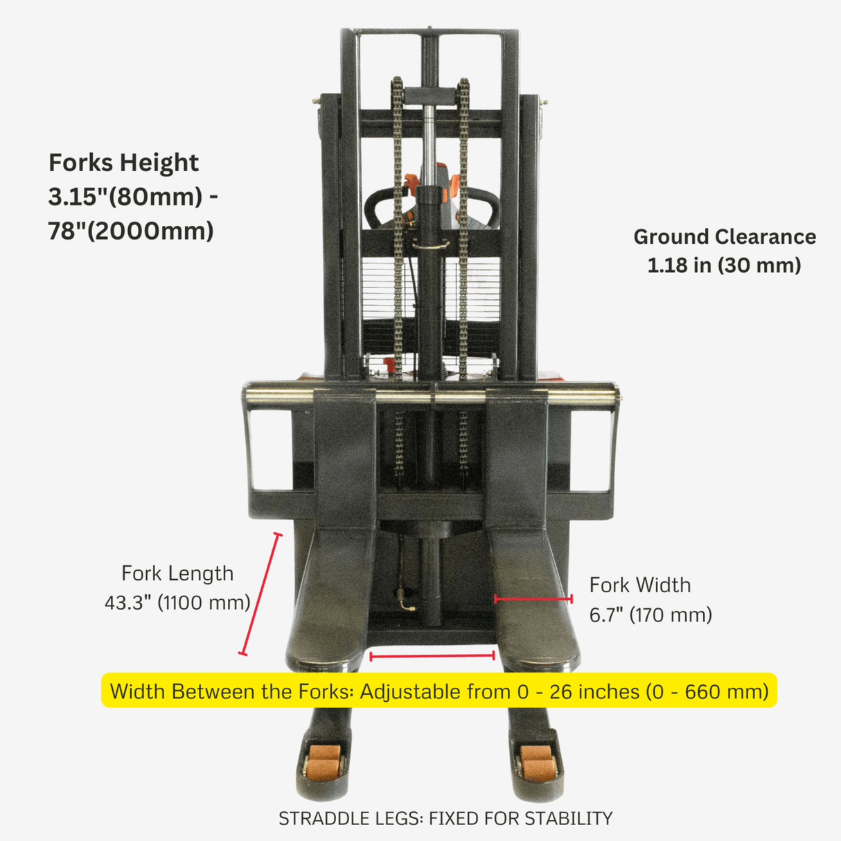 Sunmax - Electric Pallet Stacker - 3,300 lb, 78″ Lift, Fixed Legs