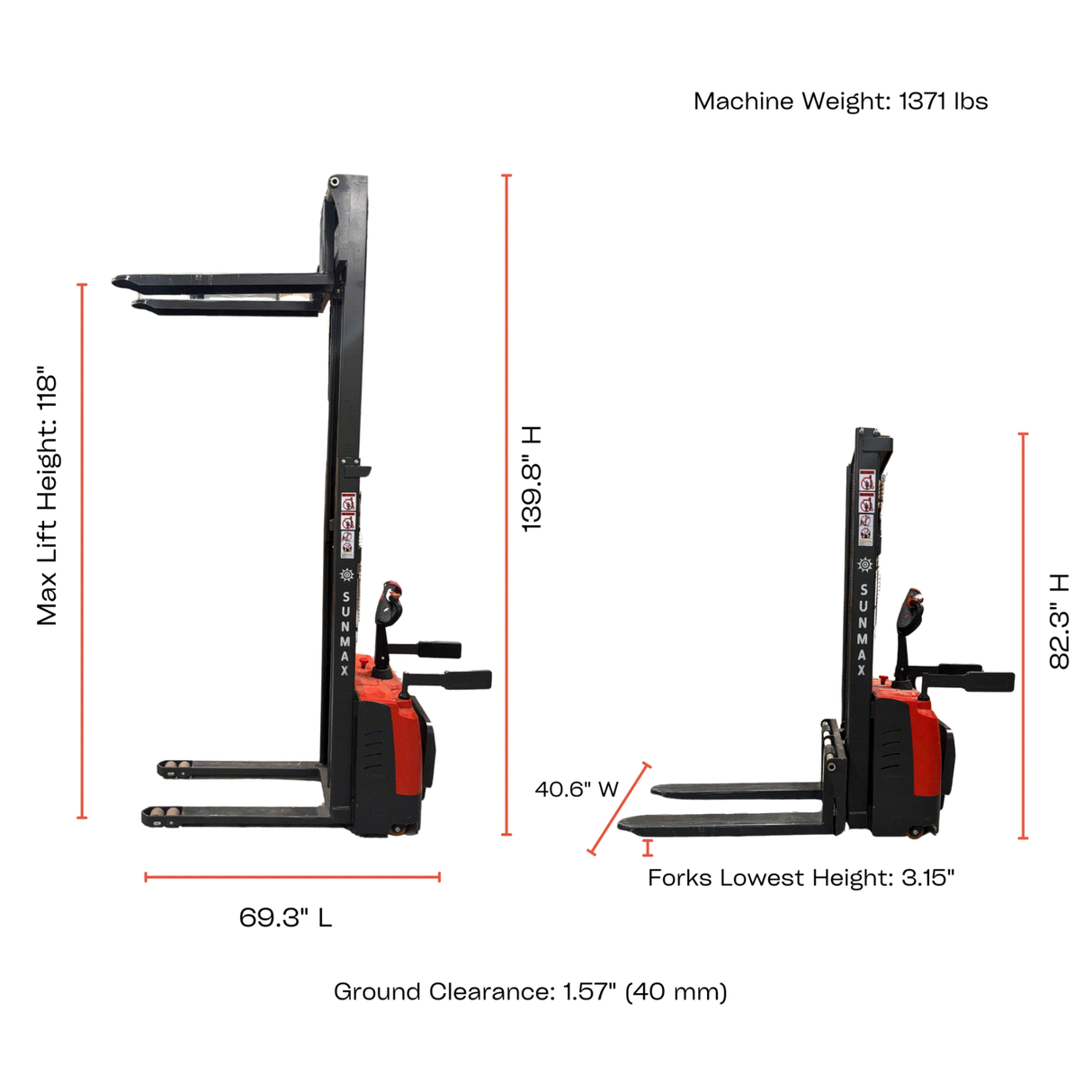 Sunmax - Electric Pallet Stacker - 3,300 lb, 118″ Lift, Fixed Legs
