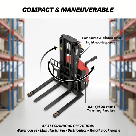 Sunmax - Electric Pallet Stacker - 3,300 lb, 118″ Lift, Adjustable Legs
