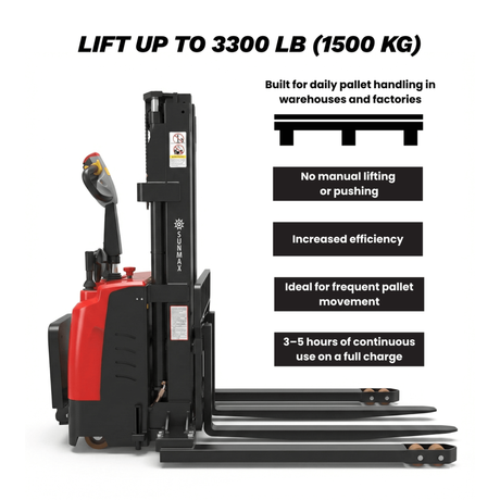 Sunmax - Electric Pallet Stacker - 3,300 lb, 118″ Lift, Adjustable Legs