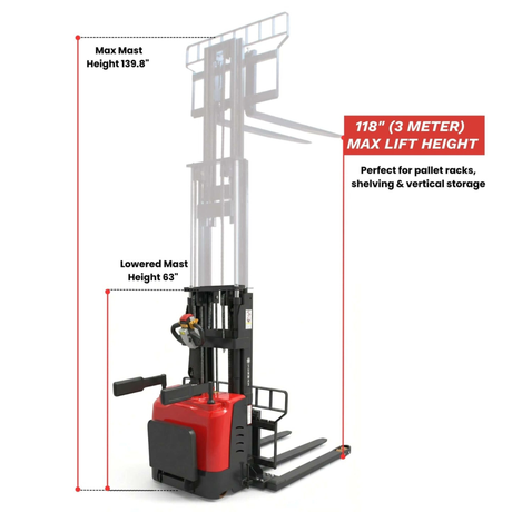 Sunmax - Electric Pallet Stacker - 3,300 lb, 118″ Lift, Adjustable Legs