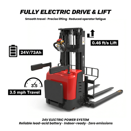 Sunmax - Electric Pallet Stacker - 3,300 lb, 118″ Lift, Adjustable Legs