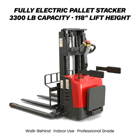 Sunmax - Electric Pallet Stacker - 3,300 lb, 118″ Lift, Adjustable Legs