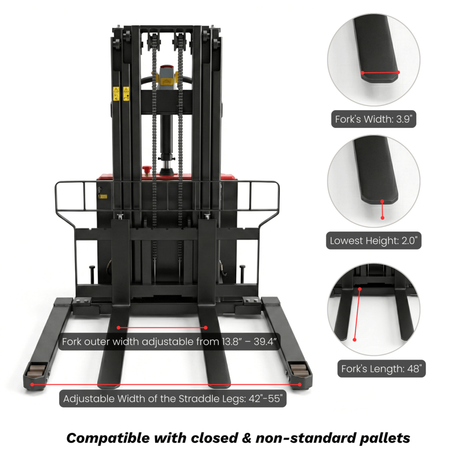 Sunmax - Electric Pallet Stacker - 3,300 lb, 118″ Lift, Adjustable Legs