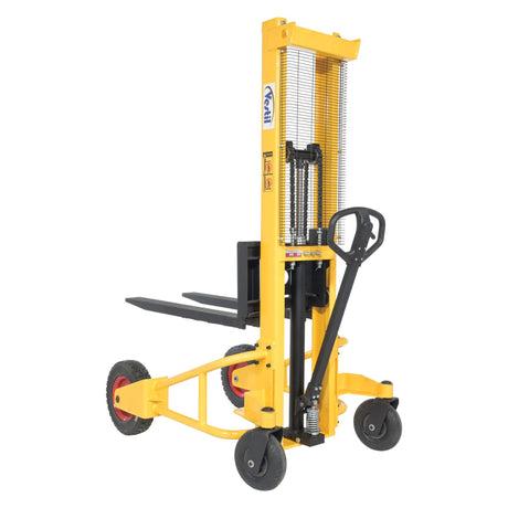 Vestil RT-NMS-60-AF Narrow Manual Rough Terrain Stacker | 1,500 lb Capacity, 59" Lift, Hand Pump Hydraulic, Rubber Tires for Tight Outdoor Spaces