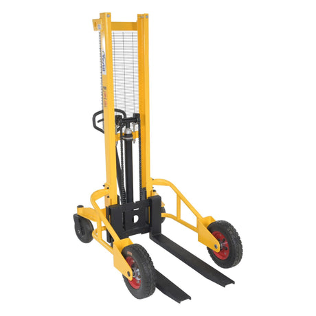 Vestil RT-NMS-60-AF Narrow Manual Rough Terrain Stacker | 1,500 lb Capacity, 59" Lift, Hand Pump Hydraulic, Rubber Tires for Tight Outdoor Spaces
