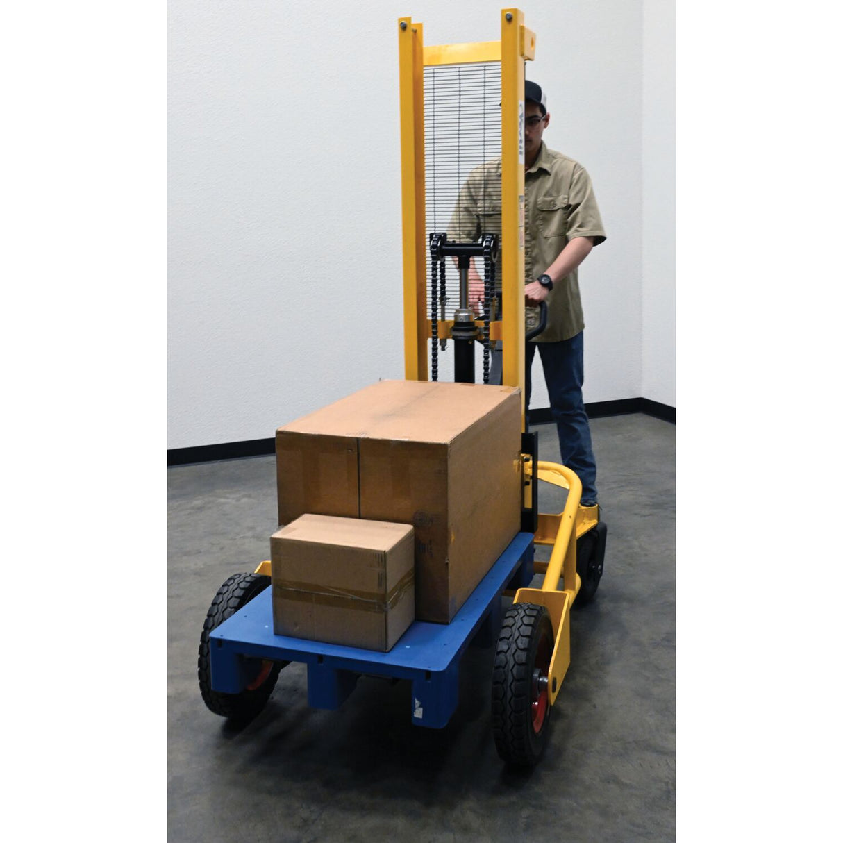 Vestil RT-NMS-60-AF Narrow Manual Rough Terrain Stacker | 1,500 lb Capacity, 59" Lift, Hand Pump Hydraulic, Rubber Tires for Tight Outdoor Spaces