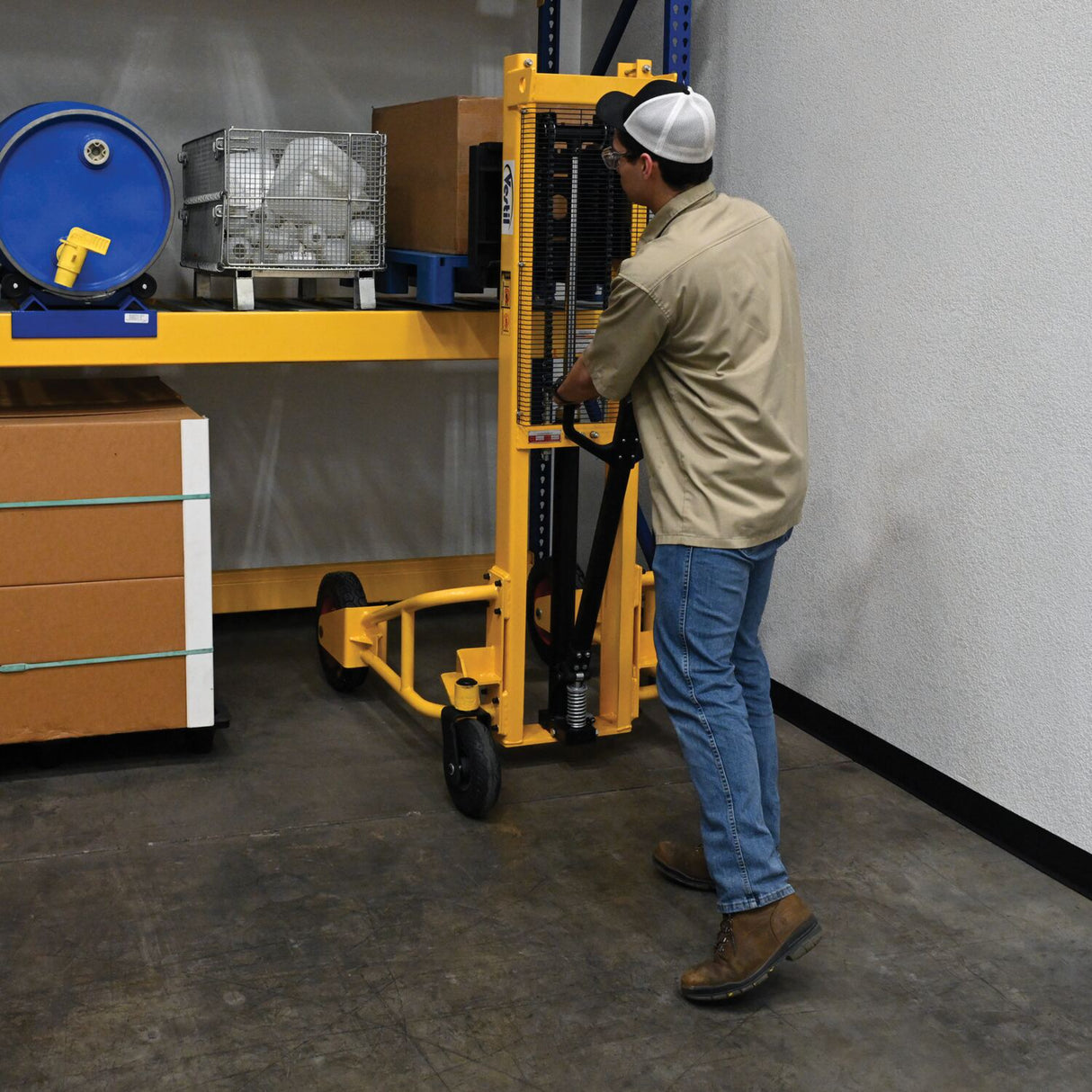 Vestil RT-NMS-60-AF Narrow Manual Rough Terrain Stacker | 1,500 lb Capacity, 59" Lift, Hand Pump Hydraulic, Rubber Tires for Tight Outdoor Spaces