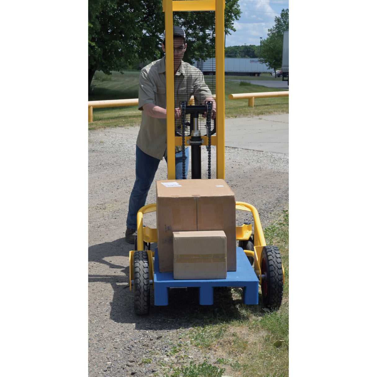 Vestil RT-NMS-60-AF Narrow Manual Rough Terrain Stacker | 1,500 lb Capacity, 59" Lift, Hand Pump Hydraulic, Rubber Tires for Tight Outdoor Spaces