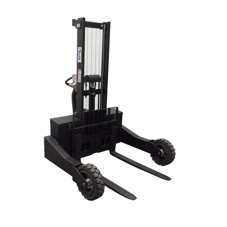 Vestil RT-S Powered Rough Terrain Stacker | 3,000 lb Capacity, 35" or 62" Lift, Rubber Tires for Uneven Surfaces, Adjustable Forks