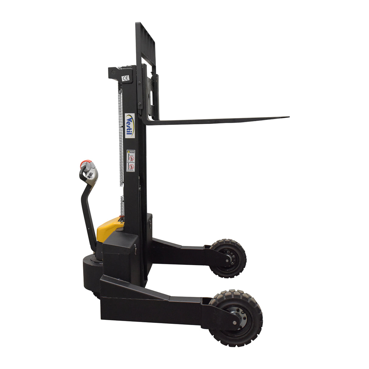 Vestil RT-S Powered Rough Terrain Stacker | 3,000 lb Capacity, 35" or 62" Lift, Rubber Tires for Uneven Surfaces, Adjustable Forks