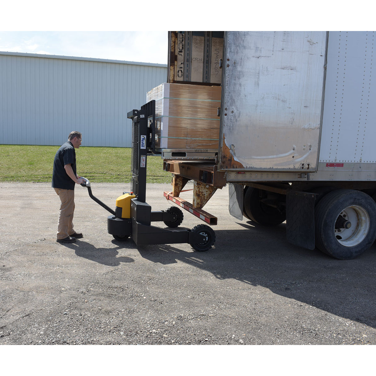 Vestil RT-S Powered Rough Terrain Stacker | 3,000 lb Capacity, 35" or 62" Lift, Rubber Tires for Uneven Surfaces, Adjustable Forks