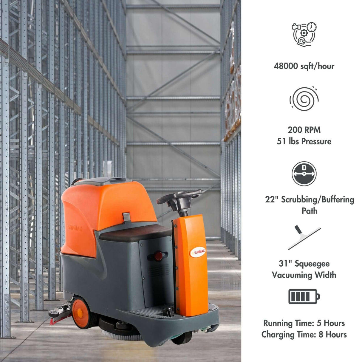 Sunmax RT70+ Industrial Ride-On Floor Scrubber, 22" Brush Cleaning Path, Lithium Battery