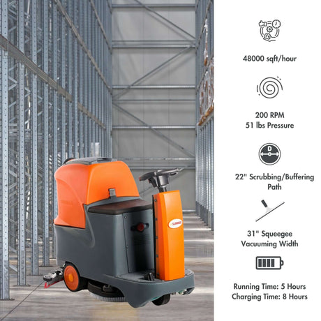 Sunmax RT70+ Industrial Ride-On Floor Scrubber, 22" Brush Cleaning Path, Lithium Battery