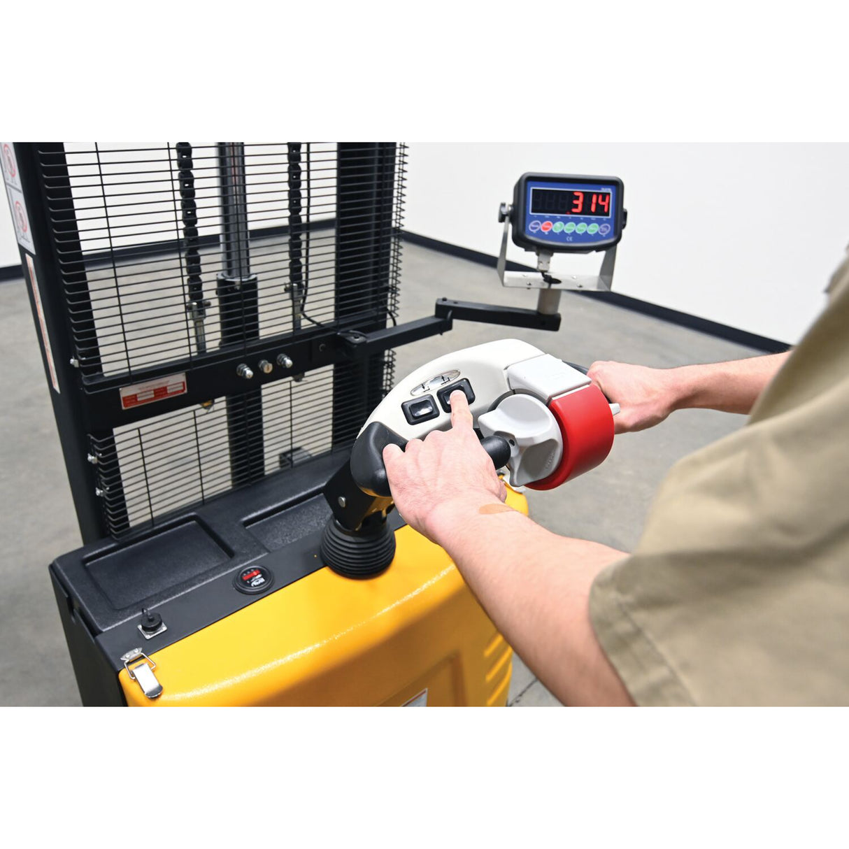 Vestil S-62-AA-SCL Adjustable Powered Stacker with Built-In Scale | 2,000 lb Capacity, 62" Lift, Digital Weighing, Adjustable Forks