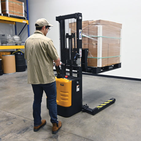 Vestil S-62-AA-SCL Adjustable Powered Stacker with Built-In Scale | 2,000 lb Capacity, 62" Lift, Digital Weighing, Adjustable Forks