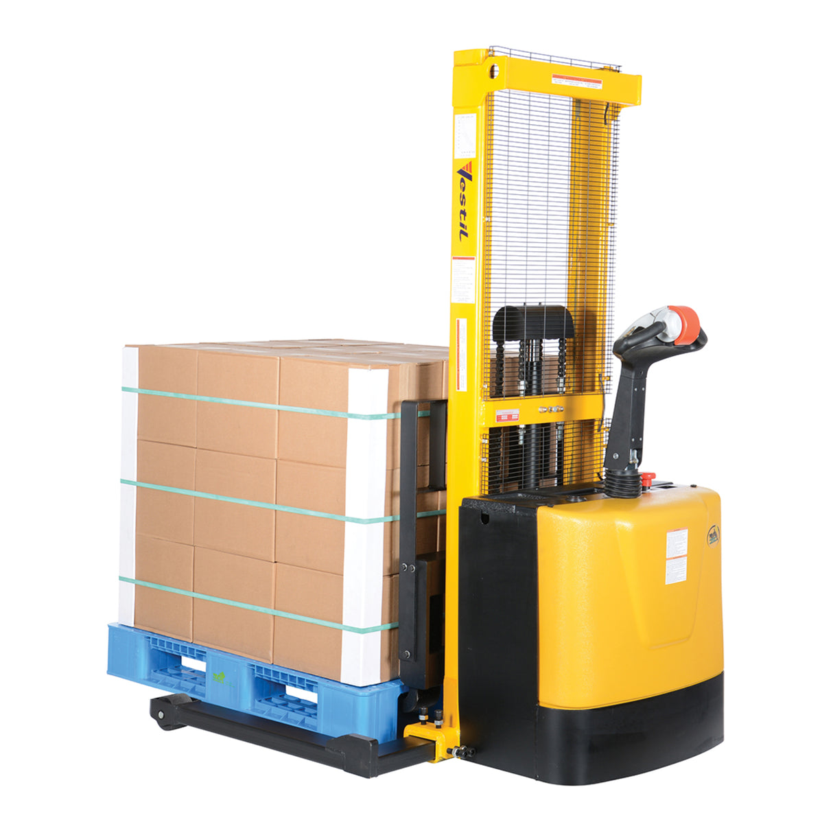Vestil S Series Stacker with Powered Drive AND Powered Lift — Fully Electric 24VDC, High-Torque Drive & Lift, Premium Emergency Reverse Safety, 2,000 lb Capacity