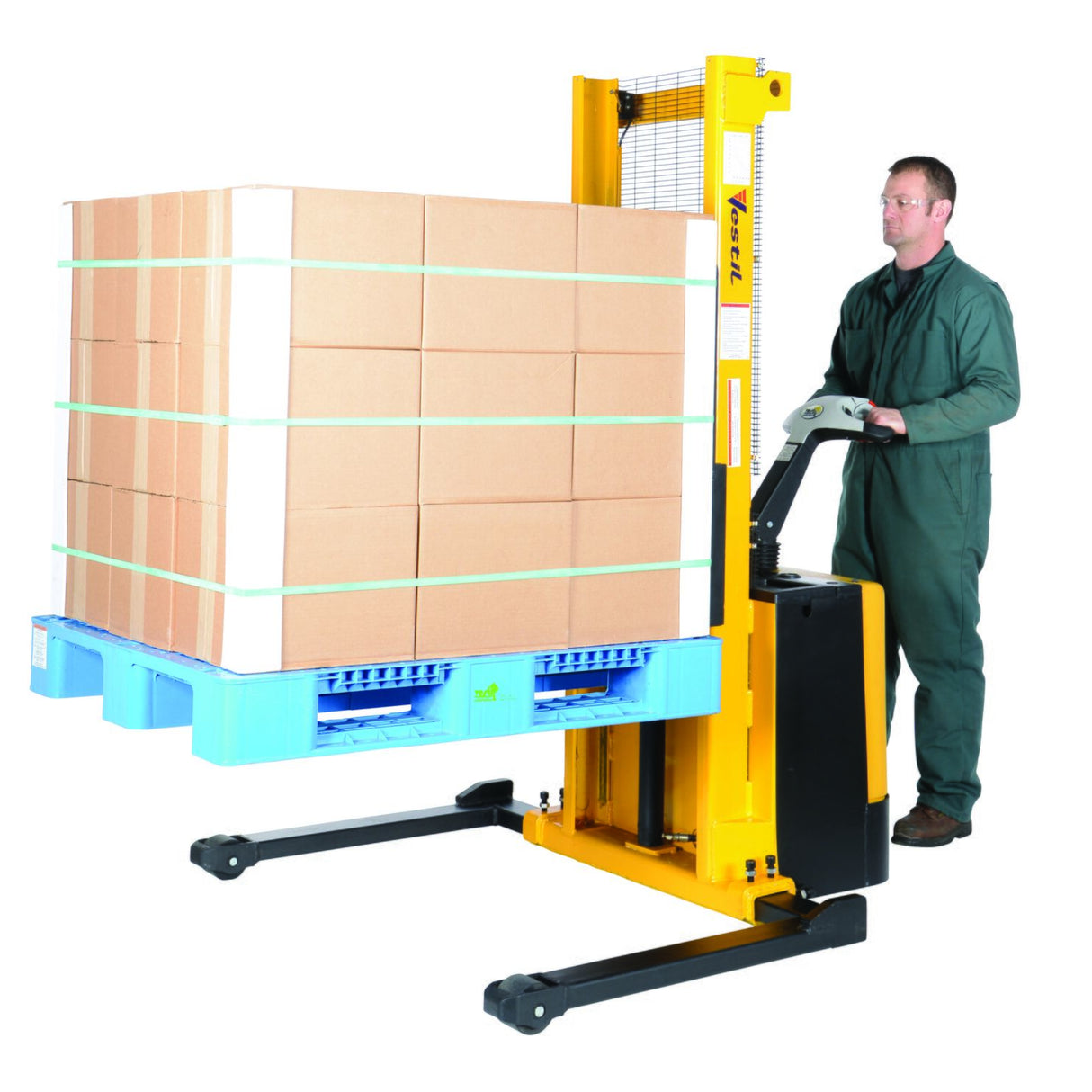 Vestil S Series Stacker with Powered Drive AND Powered Lift — Fully Electric 24VDC, High-Torque Drive & Lift, Premium Emergency Reverse Safety, 2,000 lb Capacity