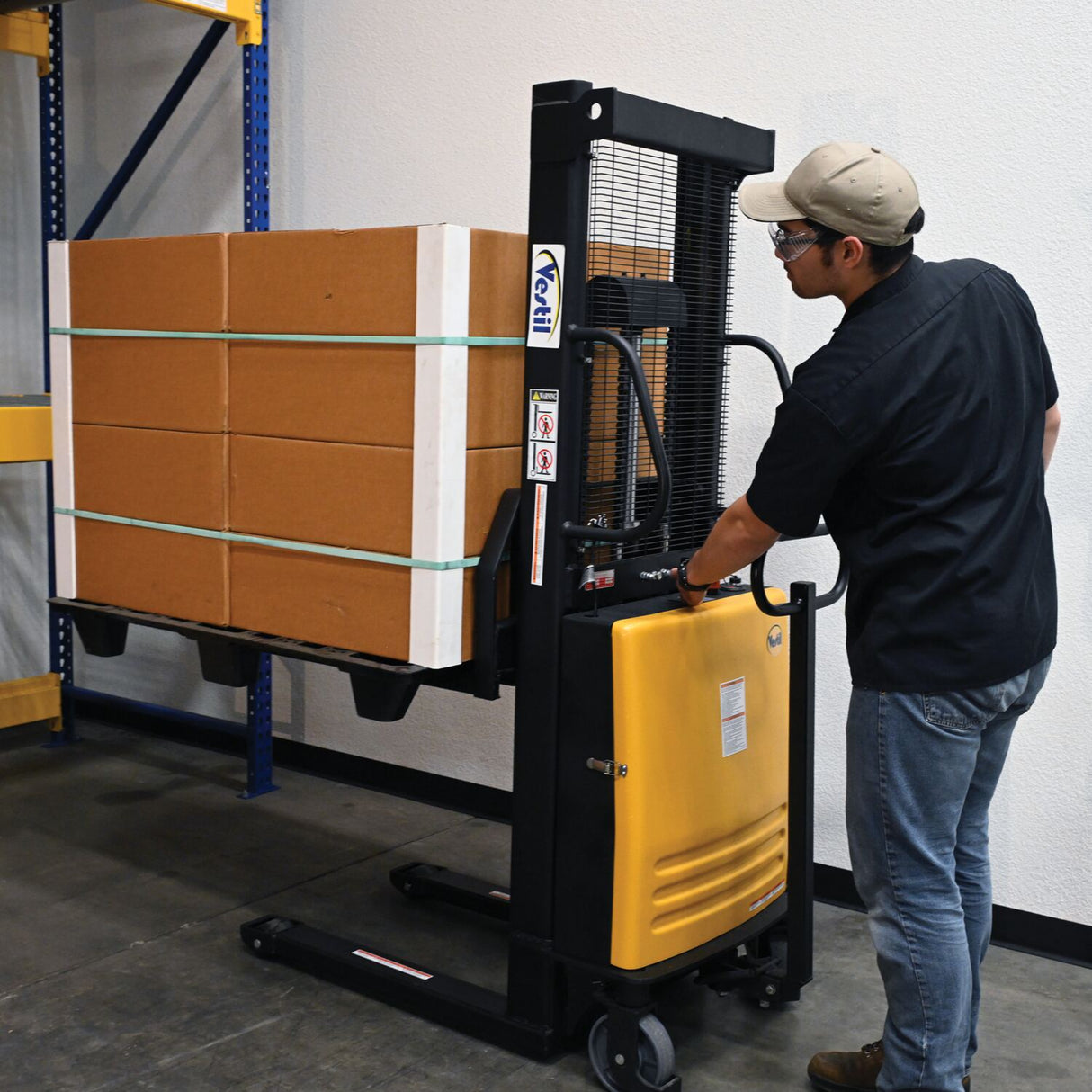 Vestil SL Series Semi-Electric Stacker with Powered Lift — 2,000 lb Capacity, Adjustable or Fixed Forks, Lift Heights 63" to 150"