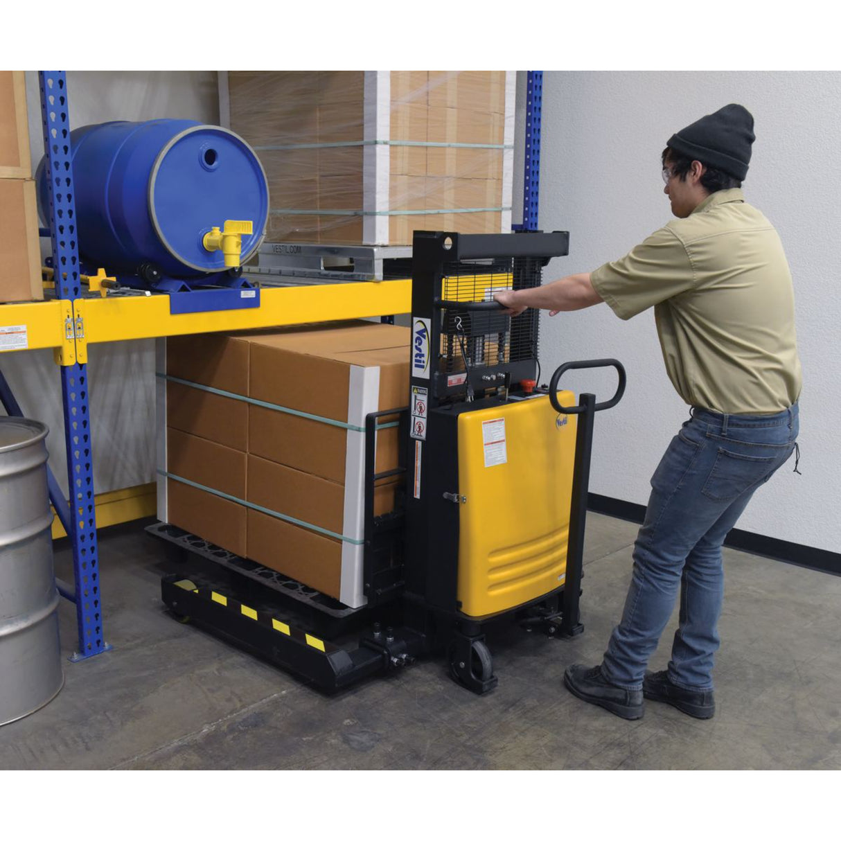 Vestil SL3 Heavy-Duty Semi-Electric Stacker with Powered Lift — 3,000 lb Capacity, Adjustable Forks, 36" or 63" Lift Heights