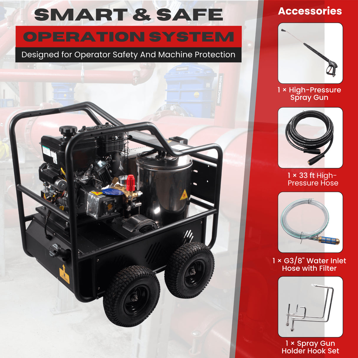 Sanitmax SM4000 Hot & Cold Water Gas Pressure Washer, 4,000 PSI, 4.0 GPM, Diesel Heated, Professional Contractor System