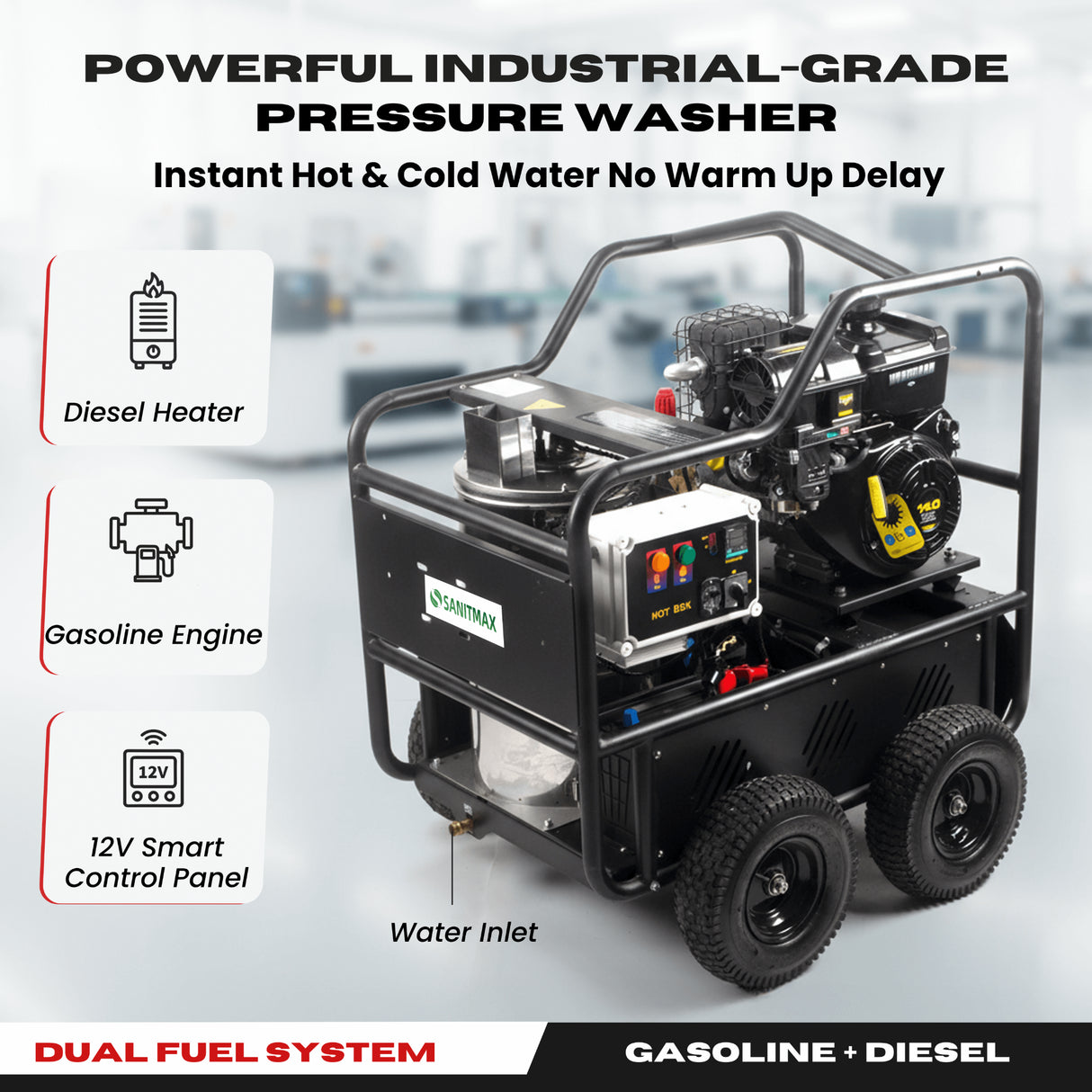 Sanitmax SM4000 Hot & Cold Water Gas Pressure Washer, 4,000 PSI, 4.0 GPM, Diesel Heated, Professional Contractor System